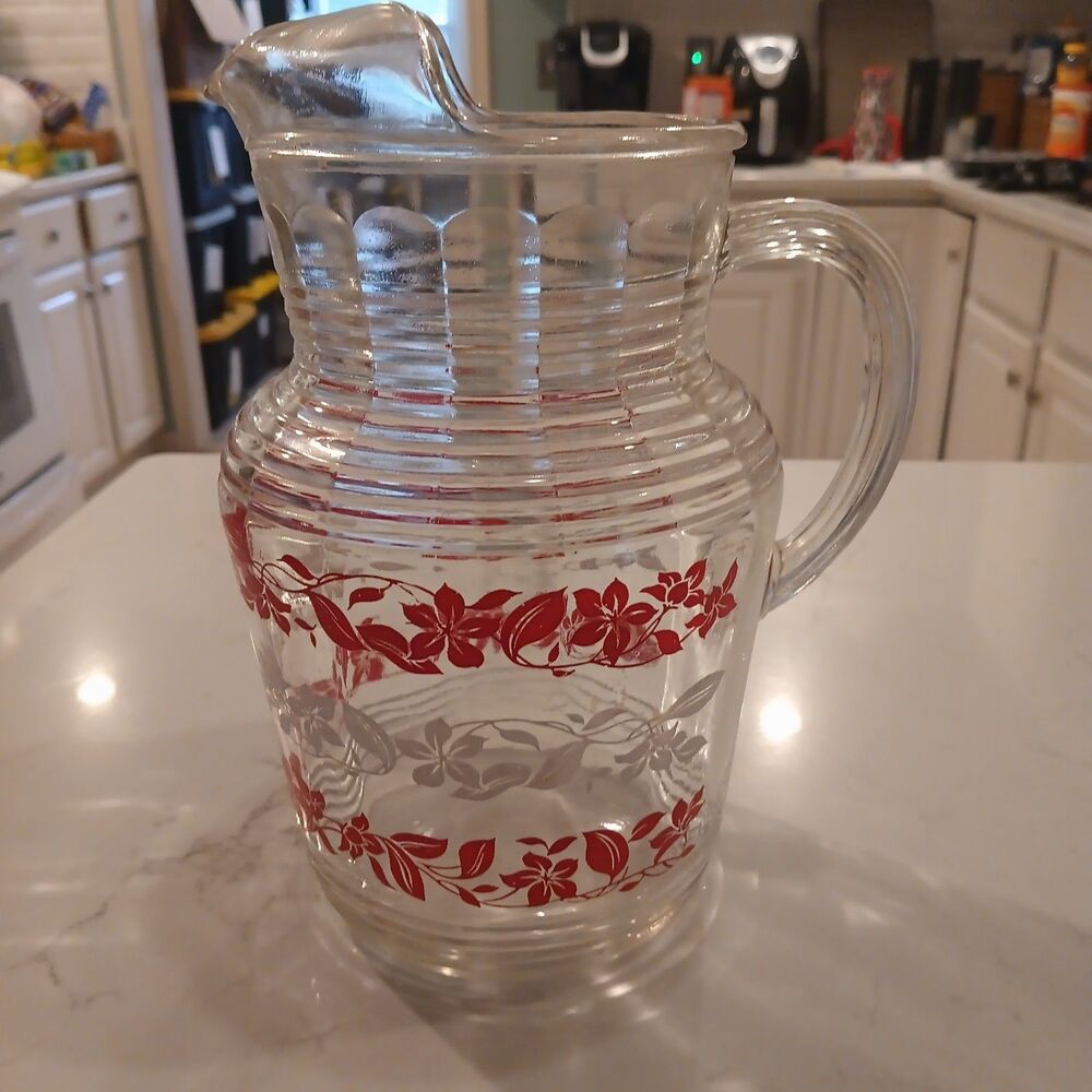 1950s MCM Hazel Atlas Clematis Floral Ribbed Ice Lip Glass Pitcher - Rare!